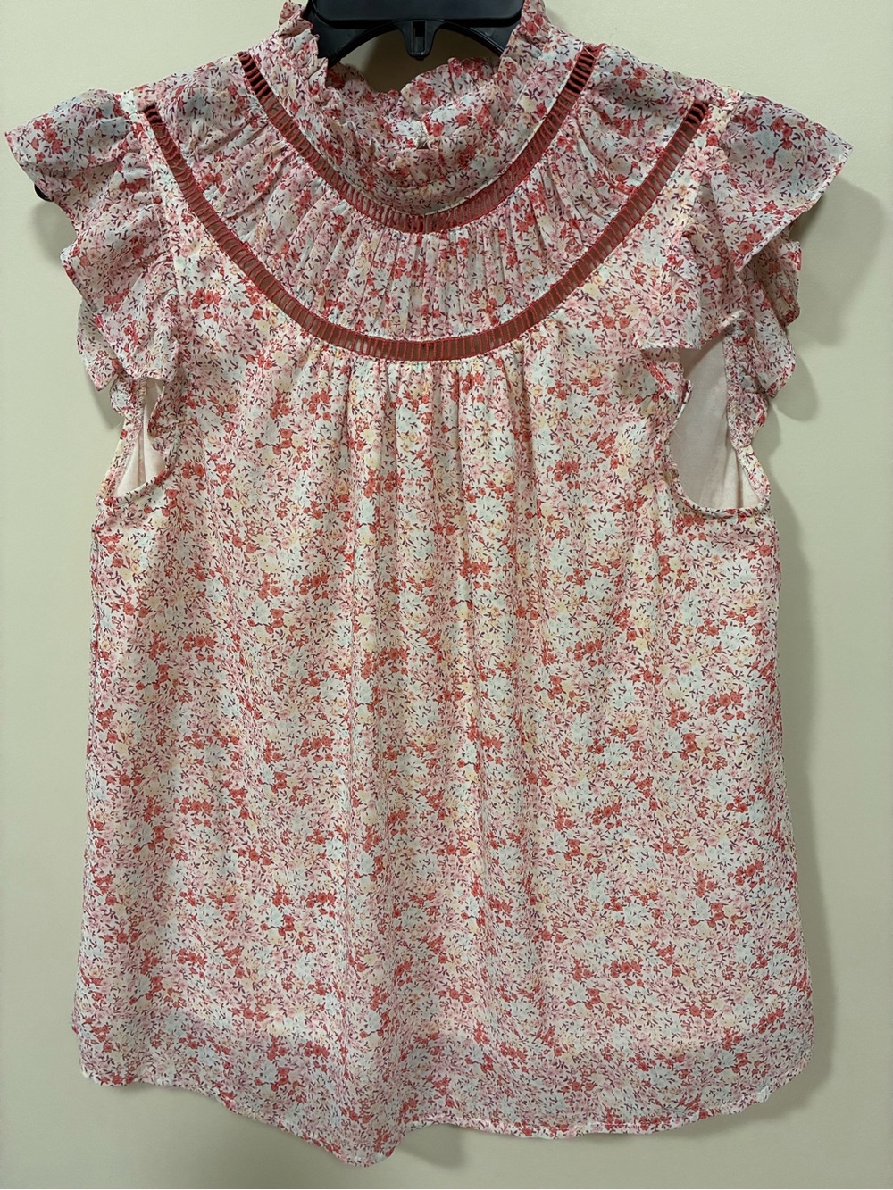 L Love Floral Ruffled Mock Neck Sleeveless Blouse - Pink/White medium